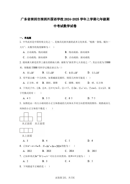 广东省深圳市深圳外国语学校2024-2025学年上学期七年级期中考试数学试卷