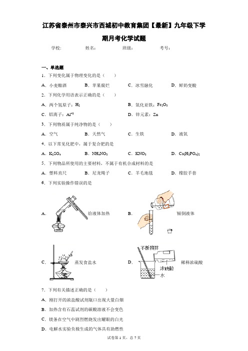 江苏省泰州市泰兴市西城初中教育集团2020-2021学年九年级下学期月考化学试题