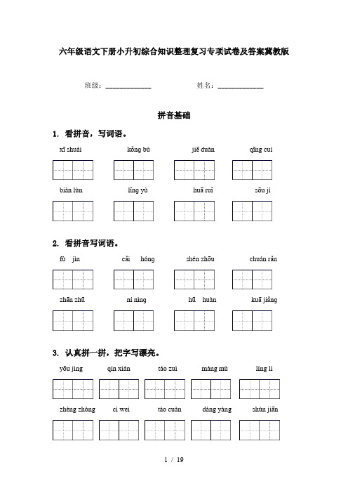 六年级语文下册小升初综合知识整理复习专项试卷及答案冀教版