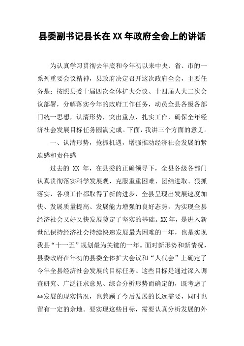 县委副书记县长在XX年政府全会上的讲话