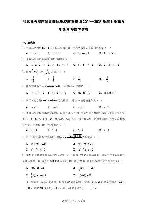 河北省石家庄河北国际学校教育集团2024—2025学年上学期九年级月考数学试卷