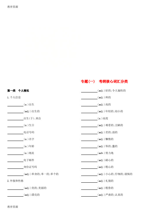 【教育资料】浙江省中考英语总复习 默写手册 专题一 考纲核心词汇分类 (新版)外研版学习专用