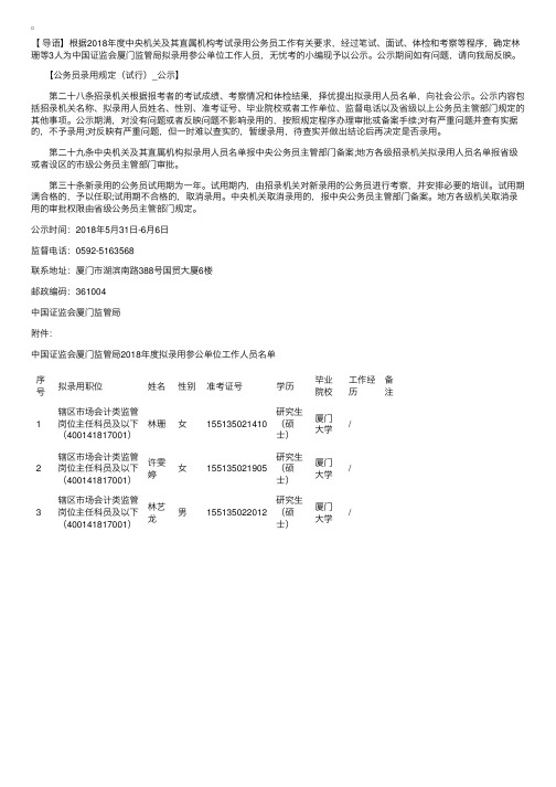 中国证监会厦门监管局2018年度拟录用参公单位工作人员公示公告