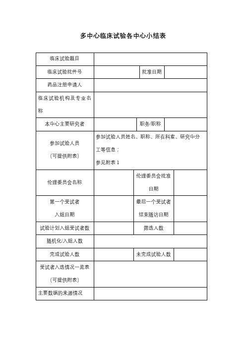 多中心临床试验各中心小结表【模板】