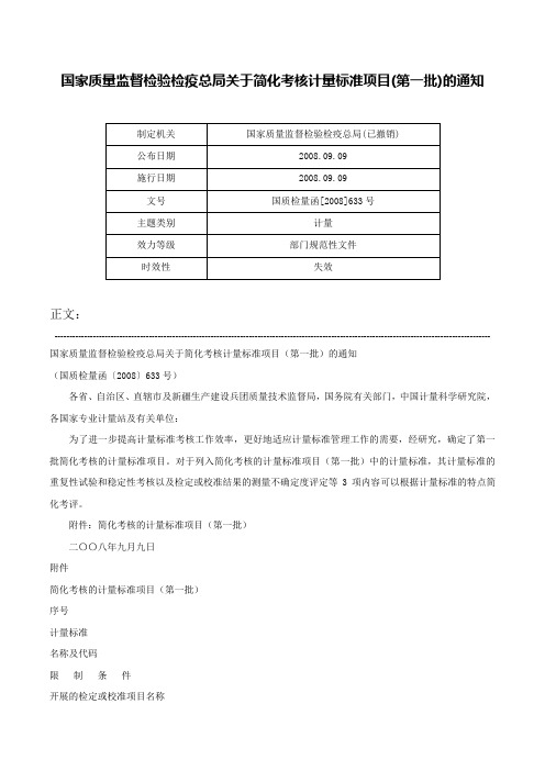 国家质量监督检验检疫总局关于简化考核计量标准项目(第一批)的通知-国质检量函[2008]633号