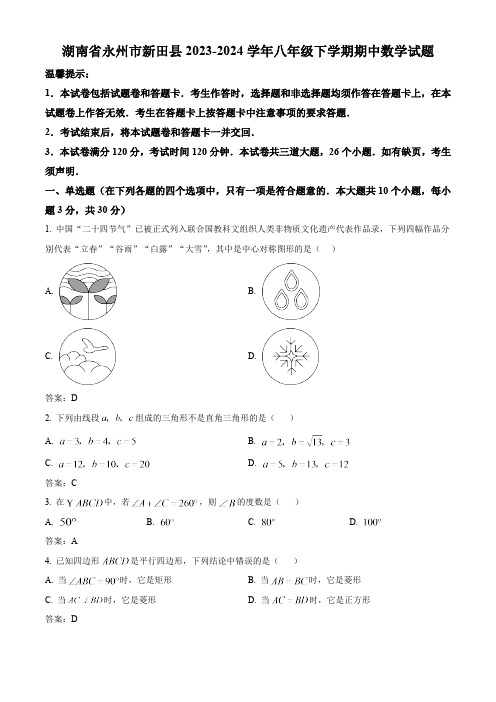 湖南省永州市新田县2023-2024学年八年级下学期期中考试数学试卷(含答案)