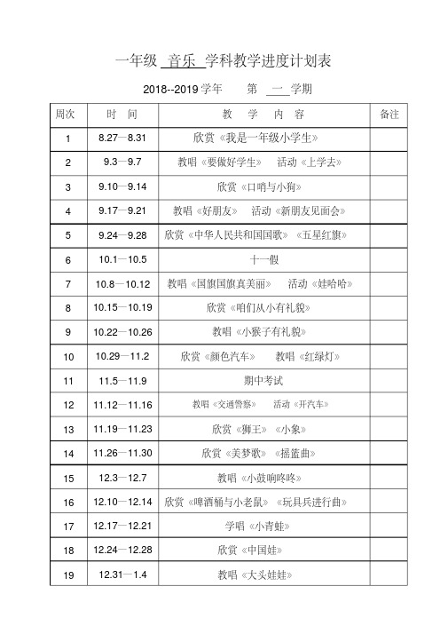 2018-2019学年第一学期小学音乐教学进度计划