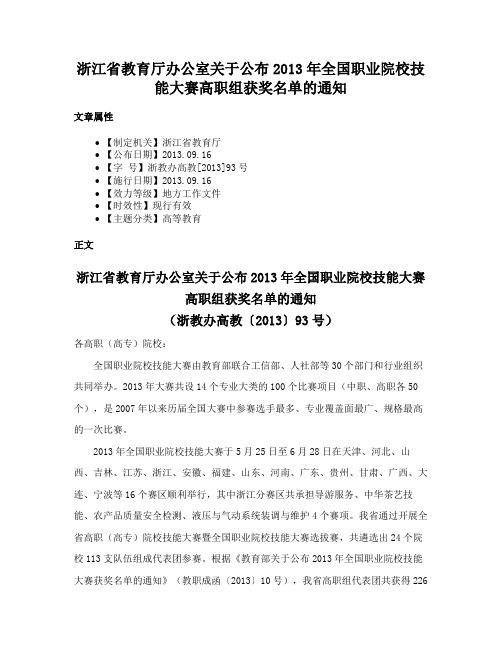 浙江省教育厅办公室关于公布2013年全国职业院校技能大赛高职组获奖名单的通知