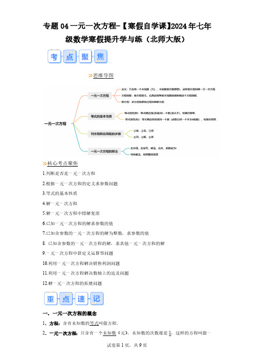 寒假复习：专题04一元一次方程(含解析) 2024年七年级数学寒假提升学与练(北师大版)