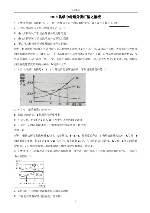 2018年中考化学真题——溶液含解析