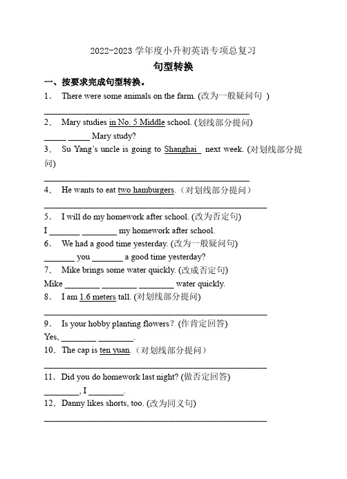 2022-2023学年度小升初英语总复习-句型转换(川教版三起)