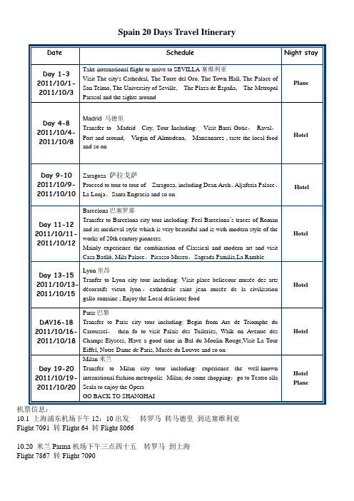 西班牙20天旅游行程