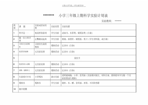 小学三年级上期科学实验计划表