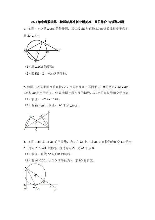 2021年九年级中考数学第三轮压轴题冲刺专题复习：圆的综合 专项练习题 