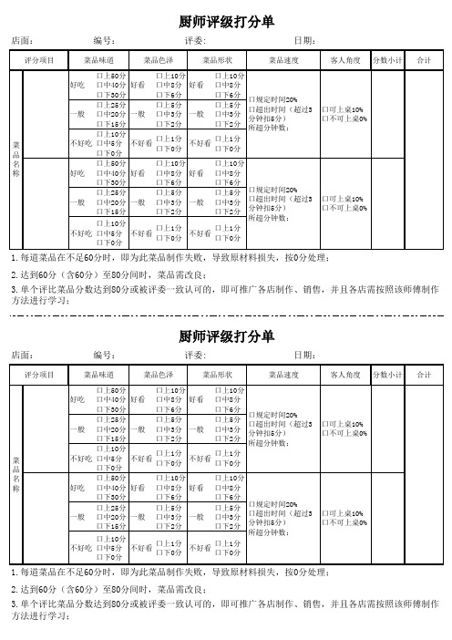 厨房菜品评级单(精选范本)