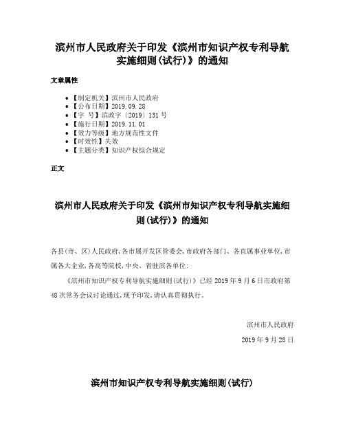 滨州市人民政府关于印发《滨州市知识产权专利导航实施细则(试行)》的通知