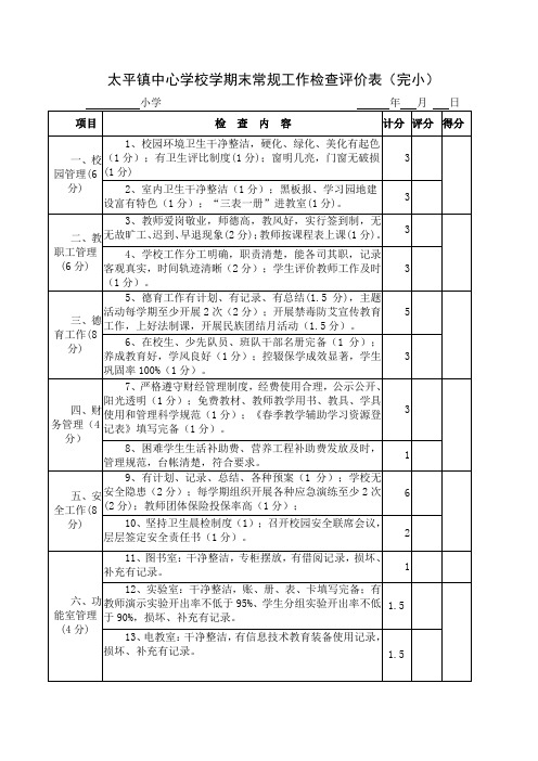 学期末常规工作检查评价表