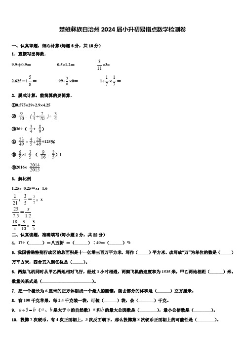 楚雄彝族自治州2024届小升初易错点数学检测卷含解析