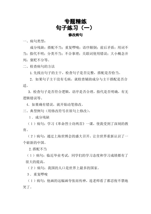 六年级语文专题精练四——句子练习