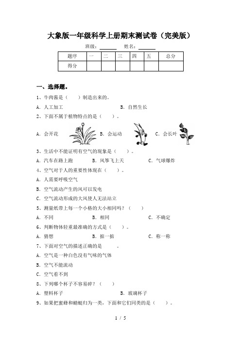 大象版一年级科学上册期末测试卷(完美版)