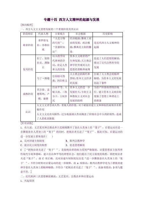 高考历史一轮复习专题十四西方人文精神的起源与发展专题解析版