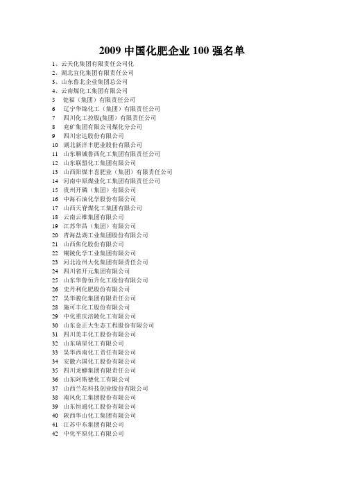 2009中国化肥企业100强名单