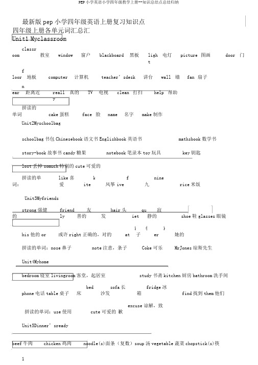 PEP小学英语小学四年级教学上册--知识总结点总结归纳