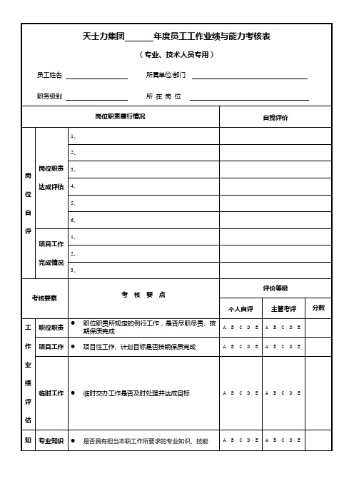 专业、技术人员工作业绩考核表