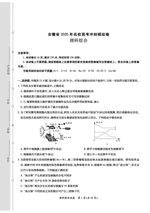 安徽省2020届高三名校高考冲刺模拟卷 理科综合(含答案)