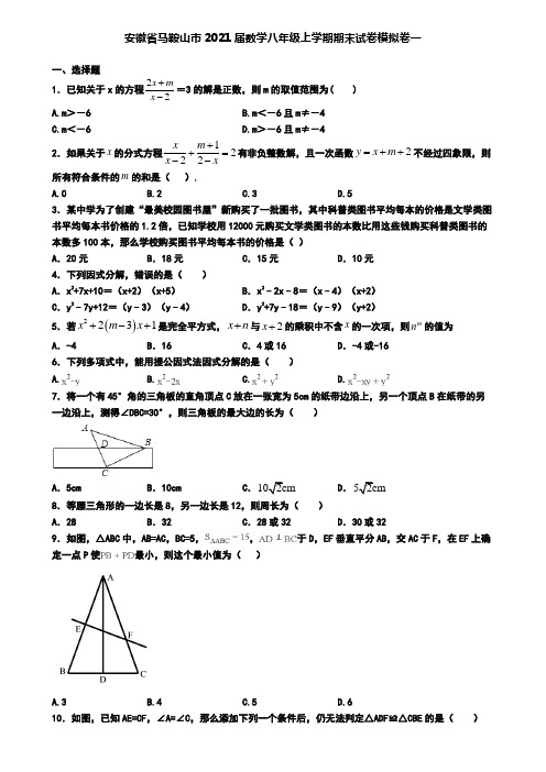 安徽省马鞍山市2021届数学八年级上学期期末试卷模拟卷一