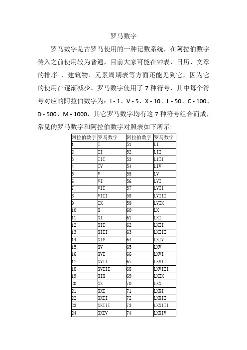 罗马数字对照表