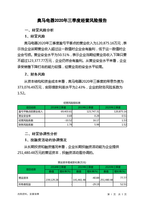 奥马电器2020年三季度经营风险报告