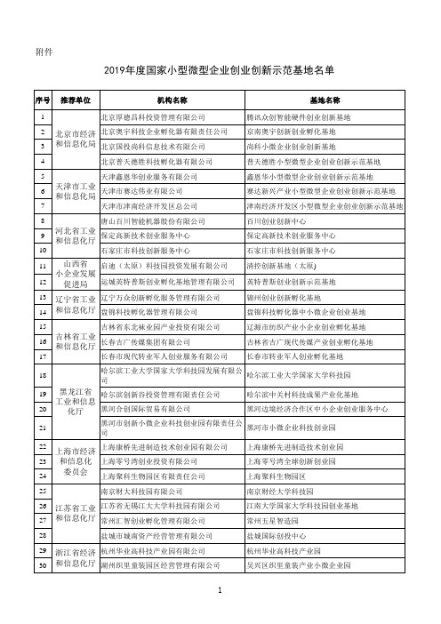 2019年度国家小型微型企业创业创新示范基地名单