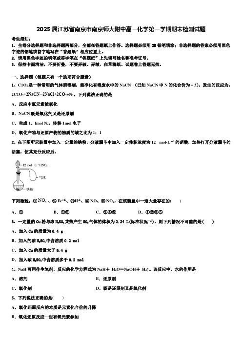 2025届江苏省南京市南京师大附中高一化学第一学期期末检测试题含解析