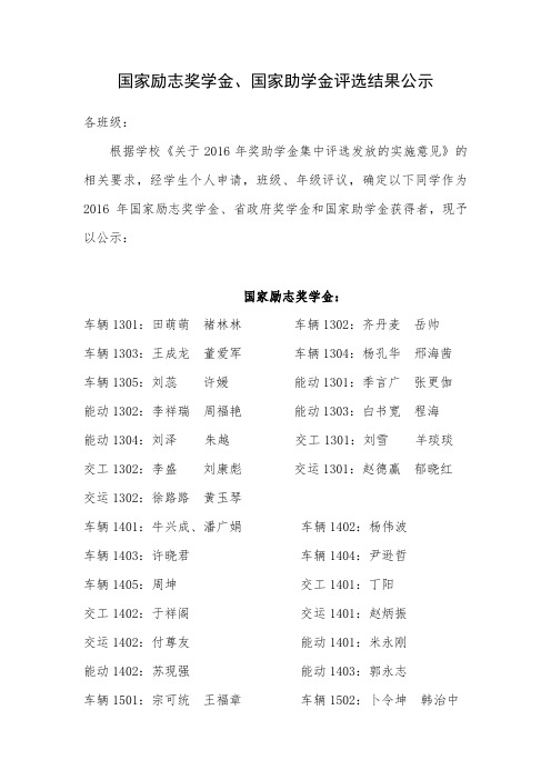 国家励志奖学金、国家助学金评选结果公示