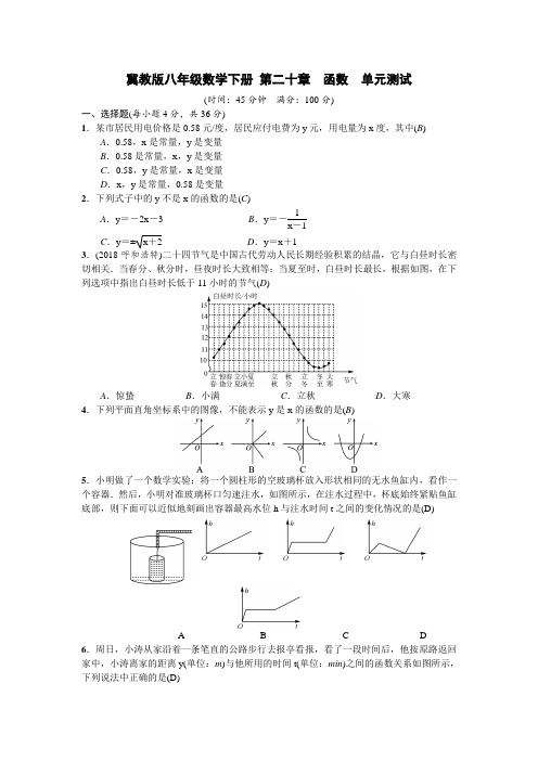 冀教版八年级数学下册 第二十章  函数  单元测试 (word 版含答案)