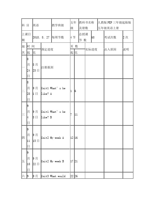 教学进度表(五年级英语)上