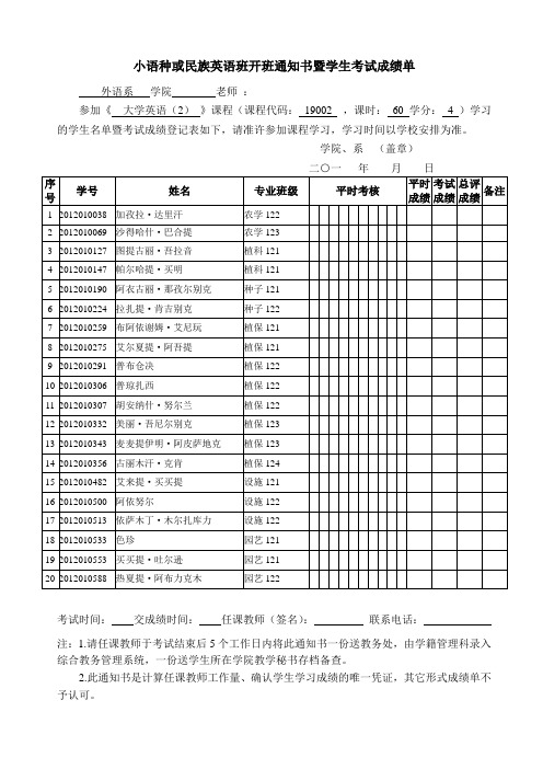 小语种或民族英语班开班通知书暨学生考试成绩单