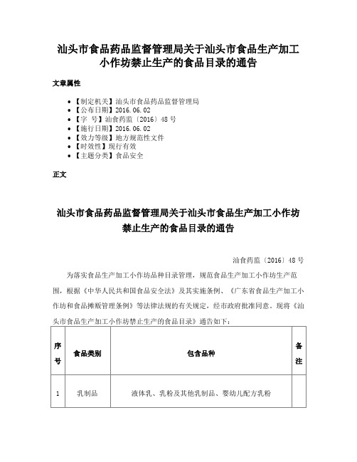 汕头市食品药品监督管理局关于汕头市食品生产加工小作坊禁止生产的食品目录的通告