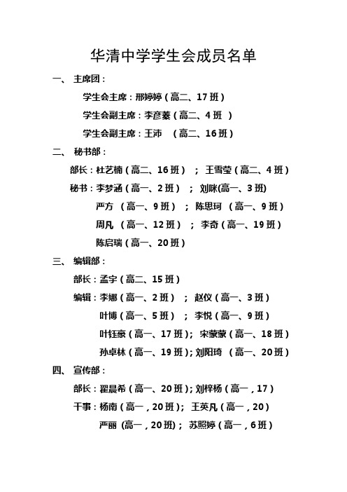 2012年华清中学学生会成员名单