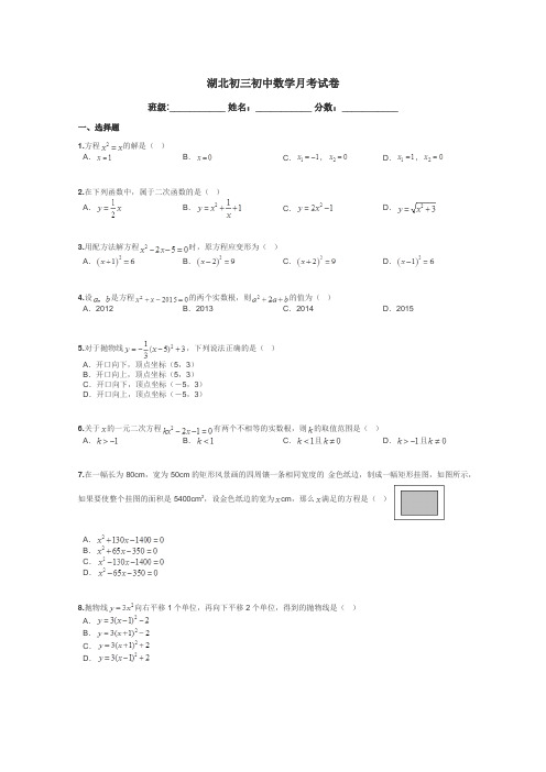 湖北初三初中数学月考试卷带答案解析
