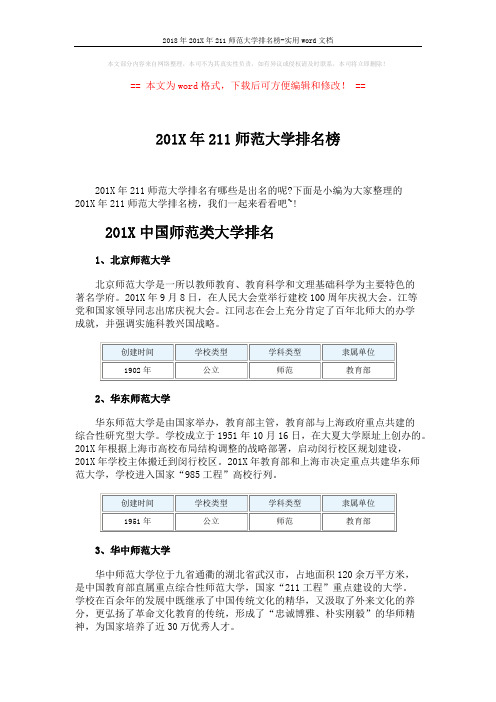 2018年201X年211师范大学排名榜-实用word文档 (6页)