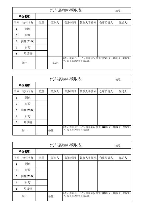 汽车展物料(标配)领取表