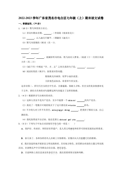 广东省茂名市电白区2022-2023学年七年级(上)期末语文试卷(含解析)