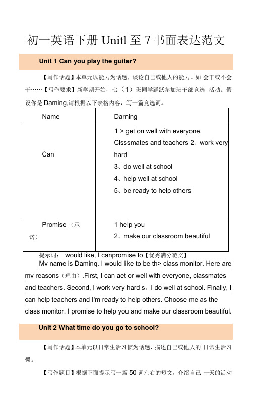 初一英语下册Unit1至7书面表达范文