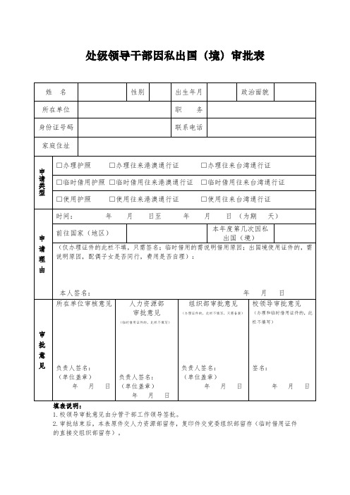 因私出国(境)审批表(处级干部用表)