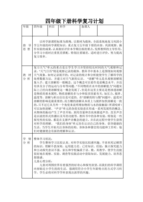 四年级下册科学复习计划(青岛版)