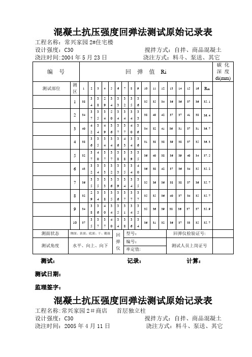 混凝土抗压强度回弹法测试原始记录表