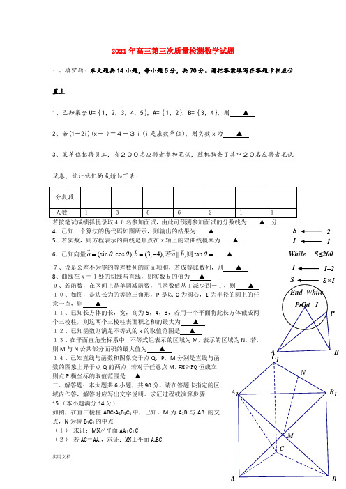 2021-2022年高三第三次质量检测数学试题