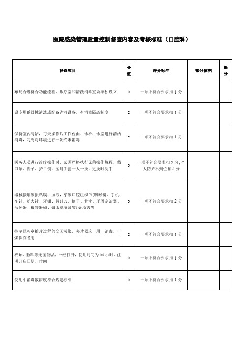 医院感染管理质量控制督查内容及考核标准(口腔科)